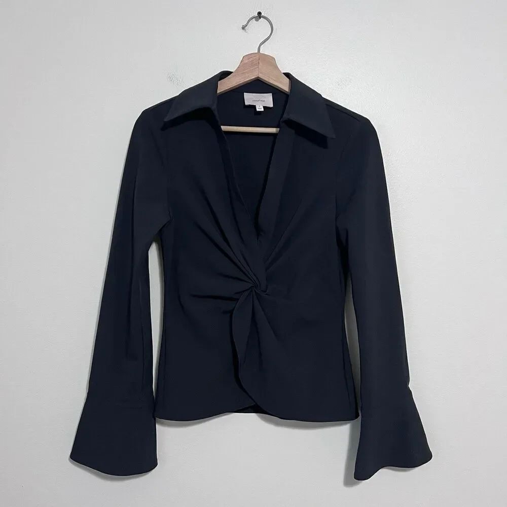 Cinq à Sept McKenna Twist Front Top Blouse Long Sleeve Collared V-Neck Black S - Picture 2 of 10